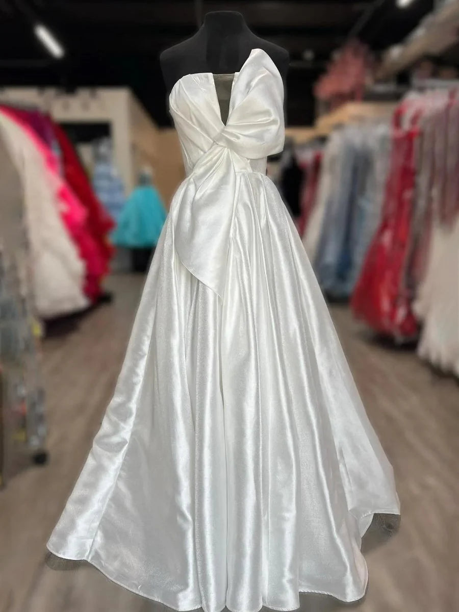 White Satin Strapless A-line Slit Long Sweep Train Formal Dress With Bow Affordable Satin Party Dresses