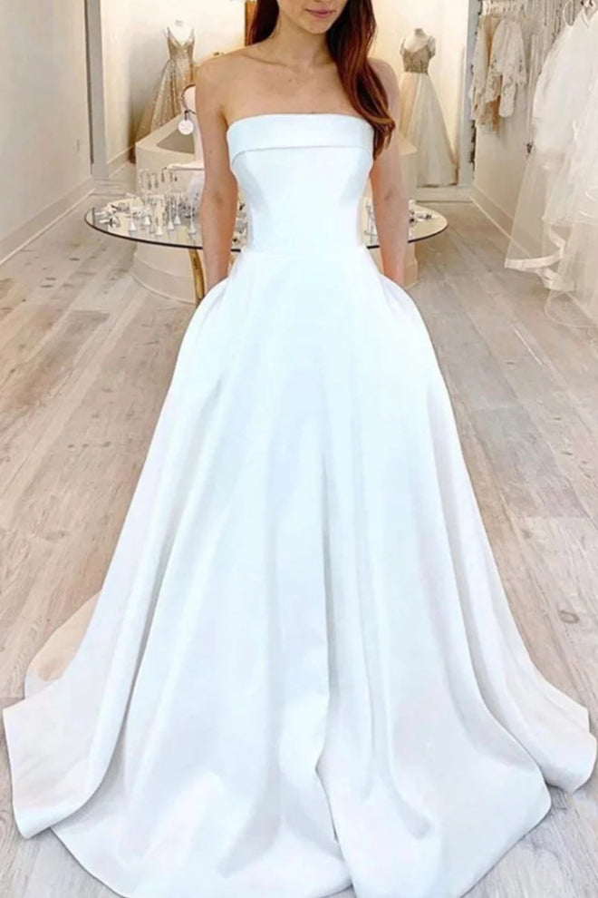 White Satin Strapless Long Prom Dresses A-Line Floor Length Formal Evening Dresses