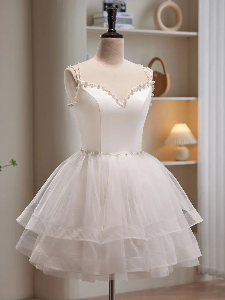 White Satin Tulle With Beaded Spaghetti Strap Short Prom Dress Cute A-Line Homecoming Party Dress