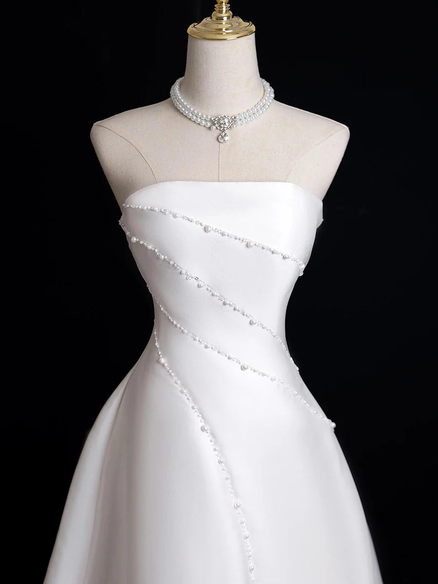 White Satin With Beaded Strapless Floor Length Evening Party Dress Wedding Dress