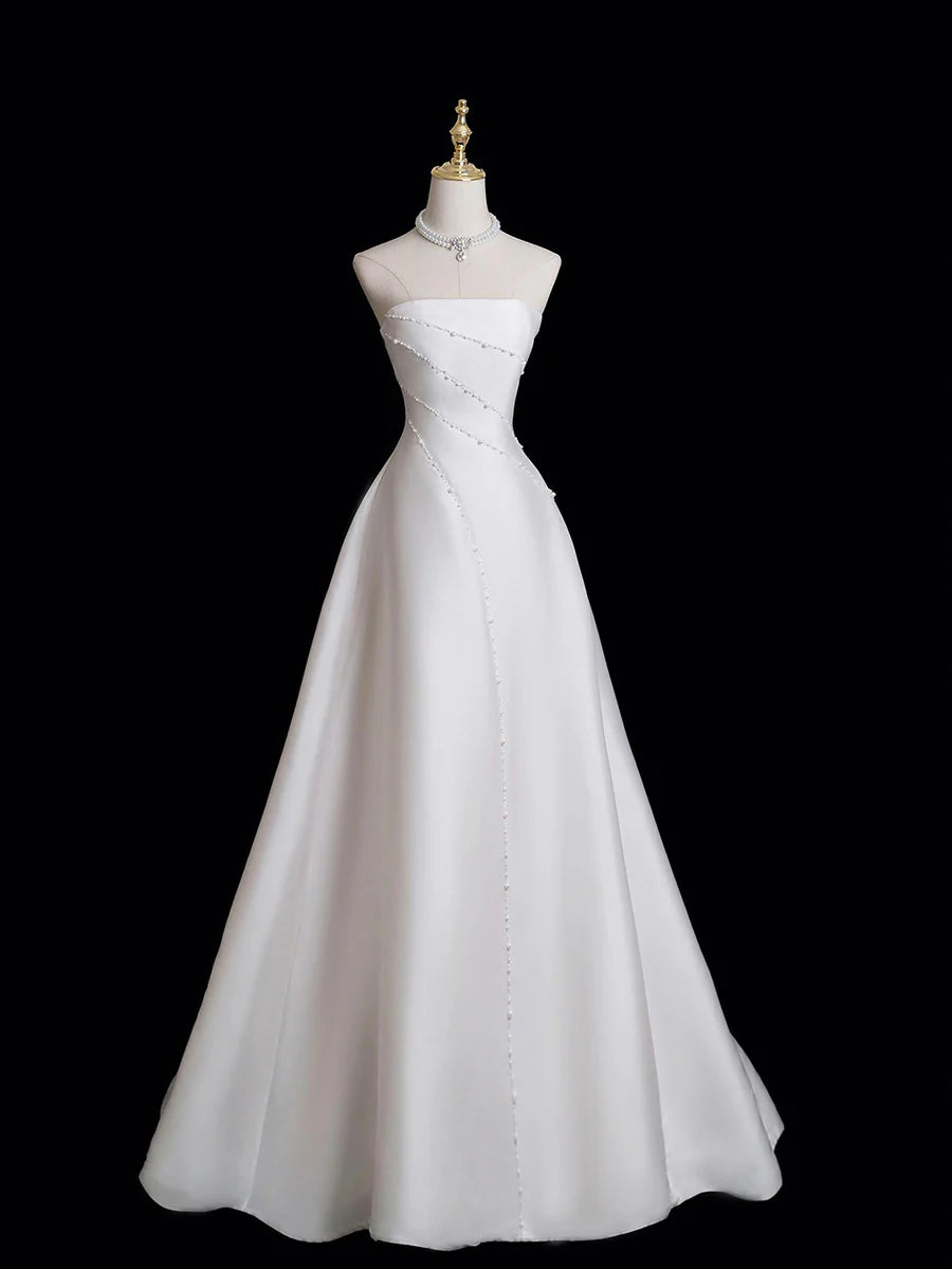 White Satin With Beaded Strapless Floor Length Evening Party Dress Wedding Dress