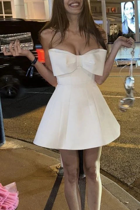 White Satin With Bow Strapless A Line Short Evening Dress Cocktail Dresses Homecoming Party Dress