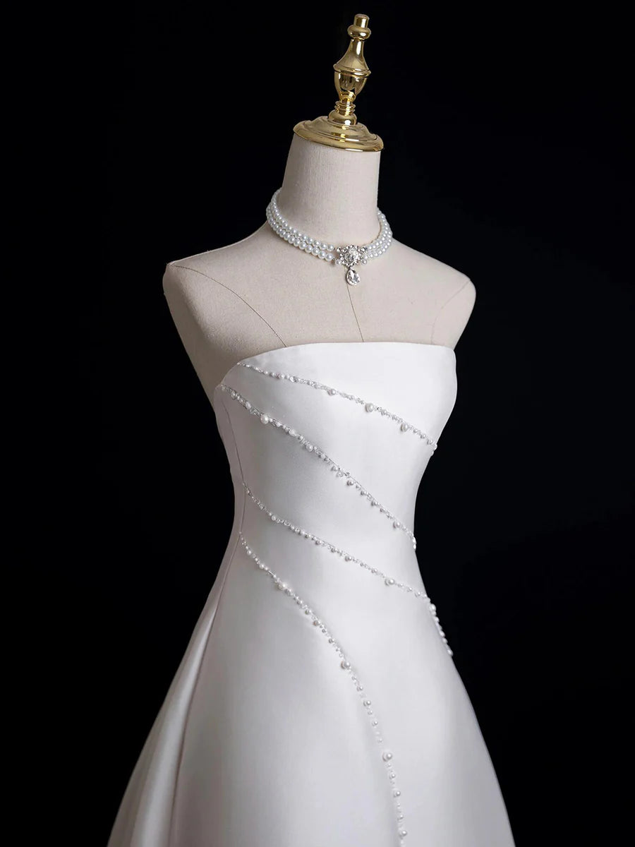 White Satin With Pearl Lace-up Floor Length Prom Dress White Strapless Evening Party Dress