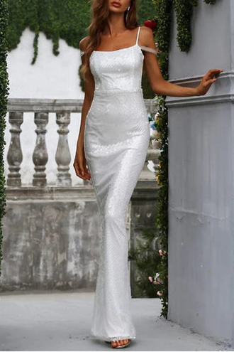 White Sequin Spaghetti Strap Mermaid Slit Full Length Evening Dress White Formal Dress