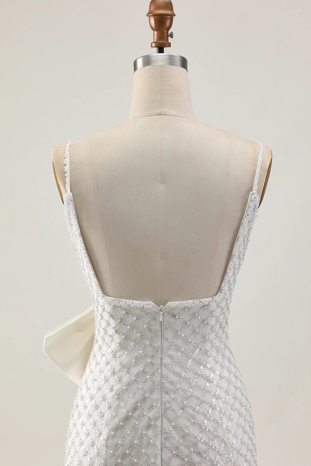 White Sequins Pearls Spaghetti Straps V Neck Bodycon Homecoming Party Dress With Bow