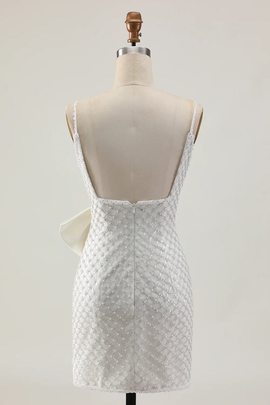 White Sequins Pearls Spaghetti Straps V Neck Bodycon Homecoming Party Dress With Bow