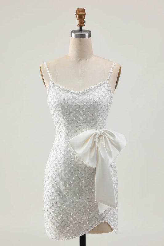 White Sequins Pearls Spaghetti Straps V Neck Bodycon Homecoming Party Dress With Bow