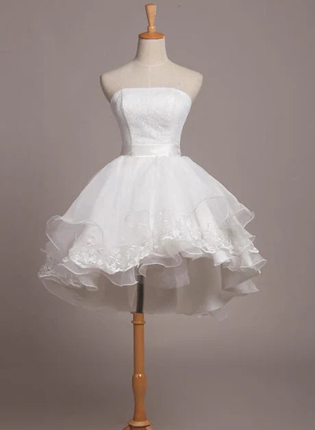 White Short Off Shoulder High Low Lace Organza Graduation Dress Homecoming Dresses