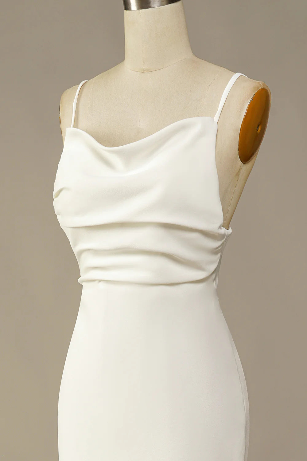 White Spaghetti Straps Drape Collar Hollow Back Waist Mermaid Long Wedding Dress