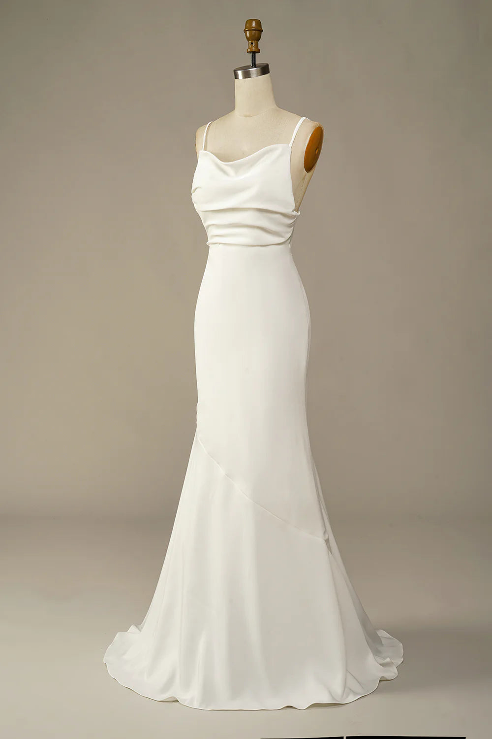 White Spaghetti Straps Drape Collar Hollow Back Waist Mermaid Long Wedding Dress