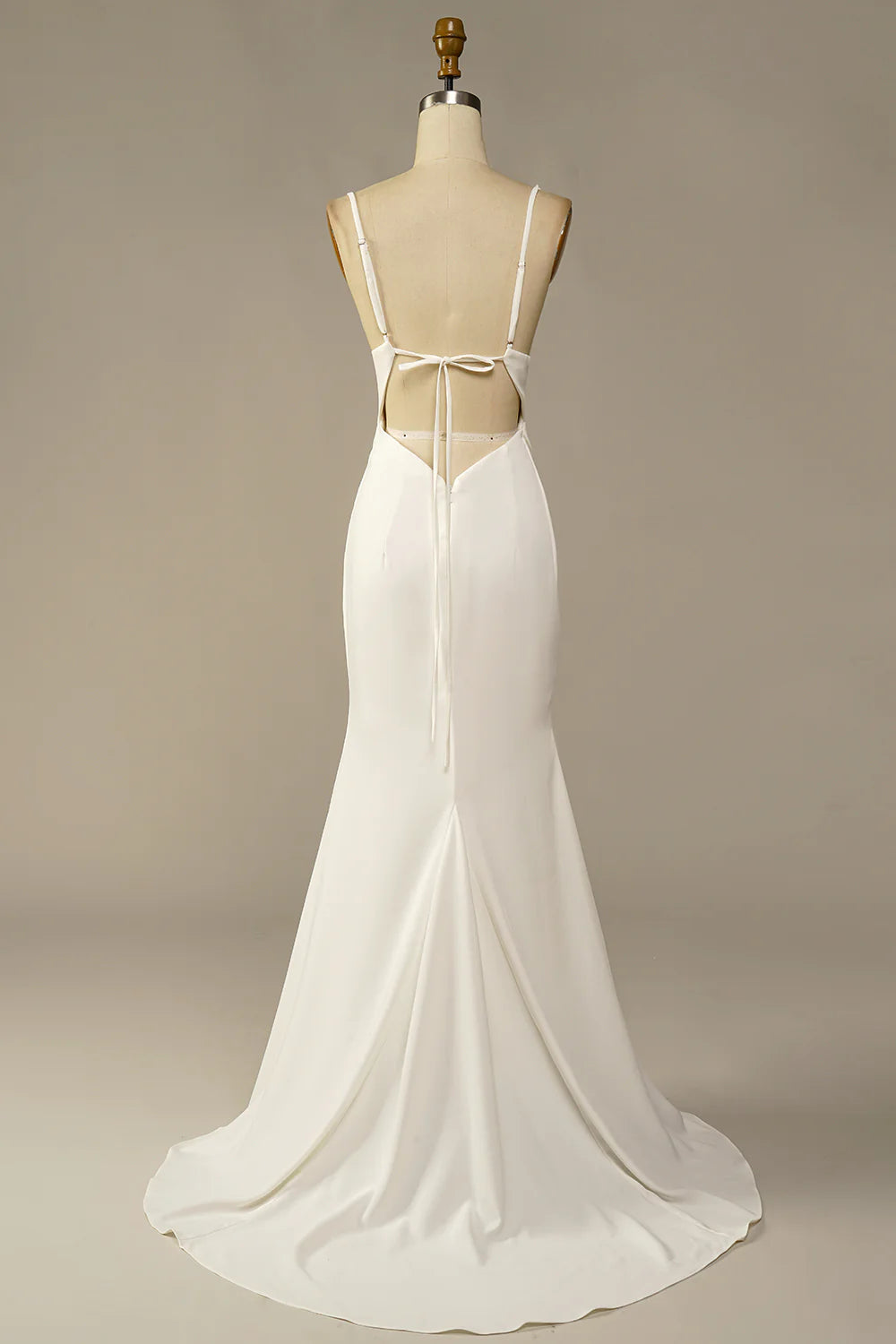 White Spaghetti Straps Drape Collar Hollow Back Waist Mermaid Long Wedding Dress