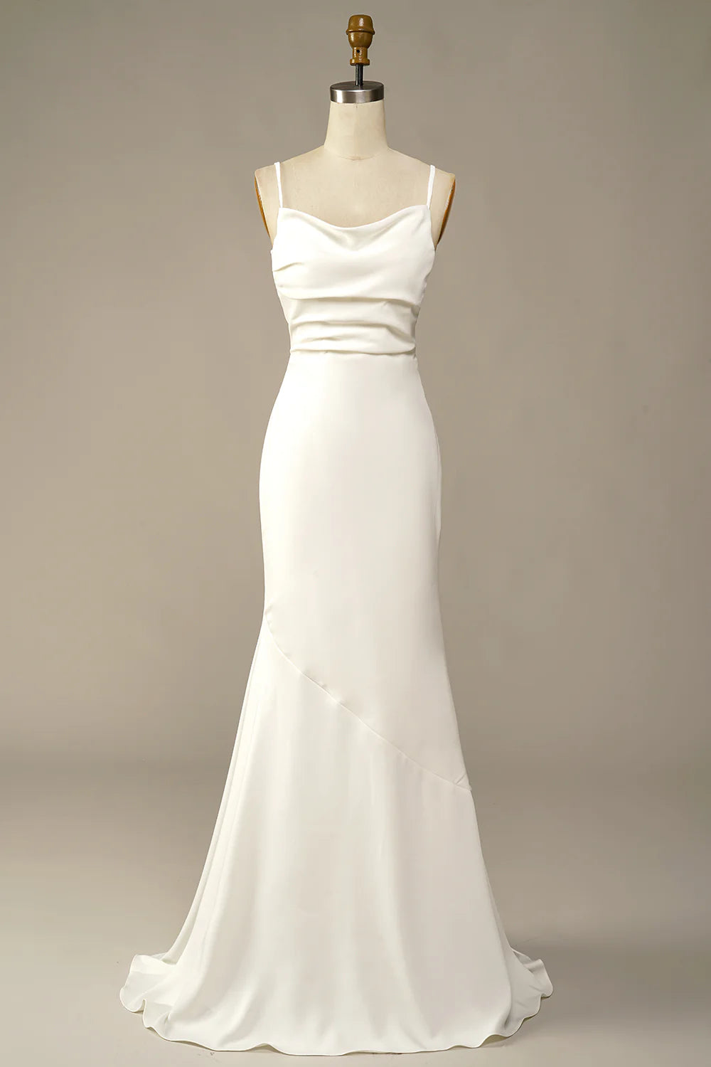 White Spaghetti Straps Drape Collar Hollow Back Waist Mermaid Long Wedding Dress