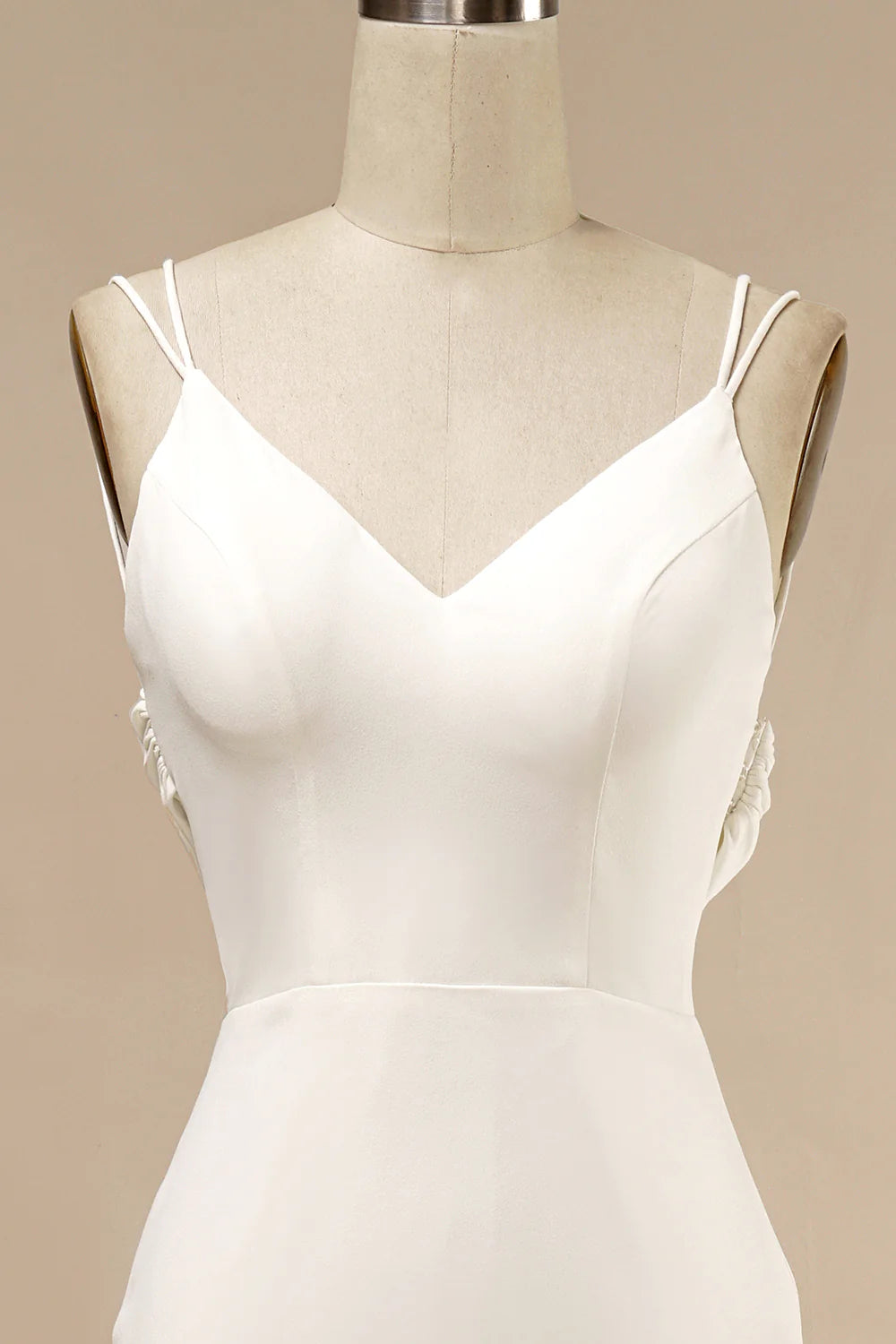 White Spaghetti Straps V Neck Button Ruffle Mermaid Wedding Dress With Train