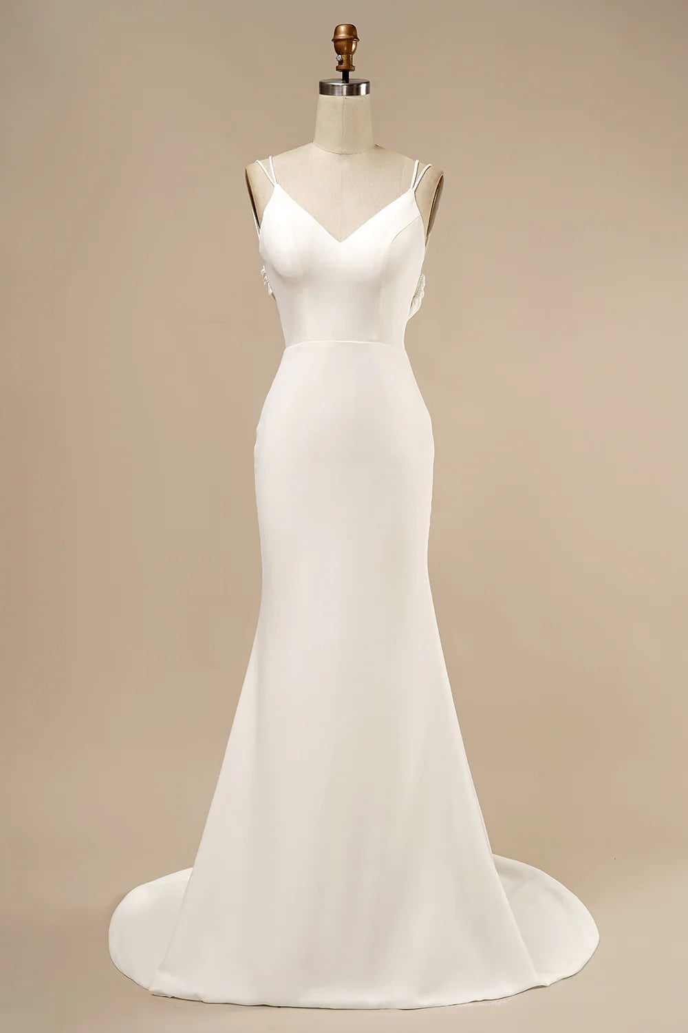White Spaghetti Straps V Neck Button Ruffle Mermaid Wedding Dress With Train