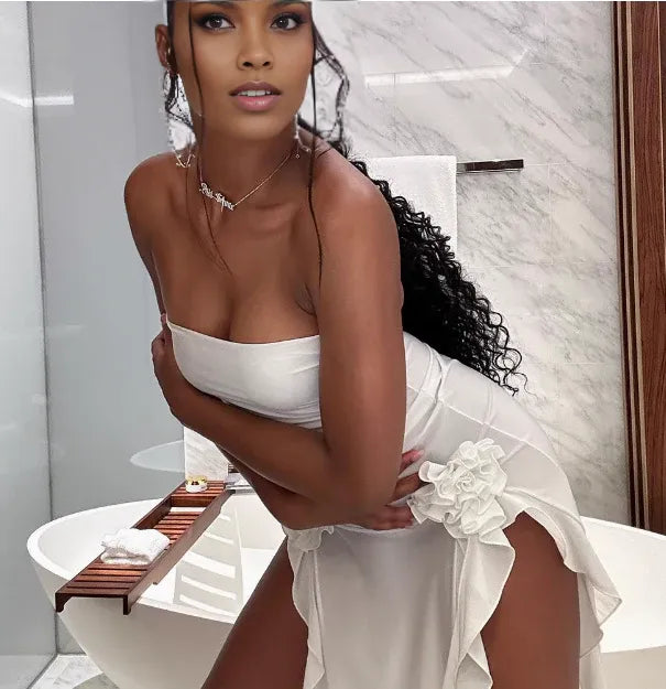 White Tube Top One Shoulder Wood Ear Edge Birthday Dress Homecoming Dress With Irregular Slit