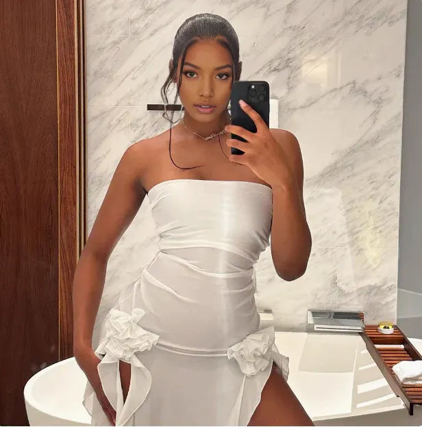 White Tube Top One Shoulder Wood Ear Edge Birthday Dress Homecoming Dress With Irregular Slit