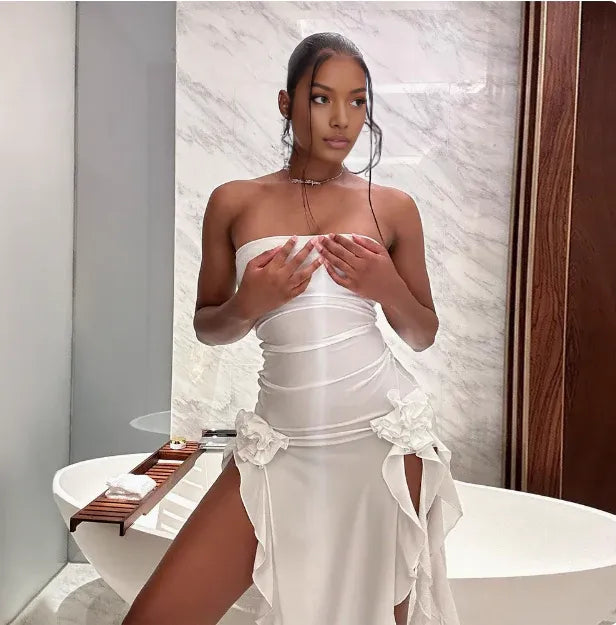 White Tube Top One Shoulder Wood Ear Edge Birthday Dress Homecoming Dress With Irregular Slit