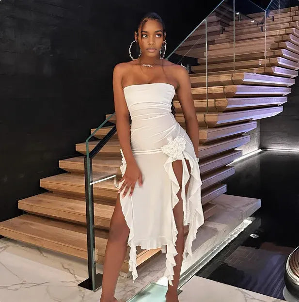 White Tube Top One Shoulder Wood Ear Edge Birthday Dress Homecoming Dress With Irregular Slit