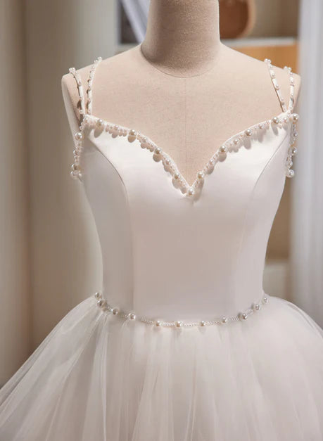 White Tulle Beaded Straps Short Graduation Dress Prom Dress Homecoming Dresses