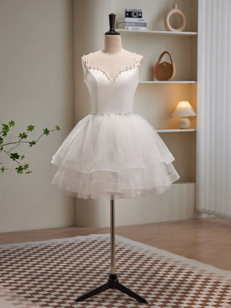 White Tulle Beaded Straps Short Graduation Dress Prom Dress Homecoming Dresses