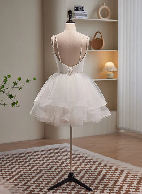 White Tulle Beaded Straps Short Graduation Dress Prom Dress Homecoming Dresses