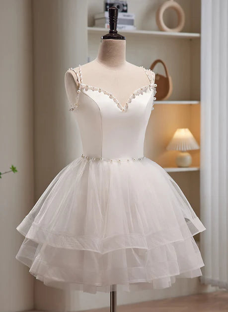 White Tulle Beaded Straps Short Graduation Dress Prom Dress Homecoming Dresses
