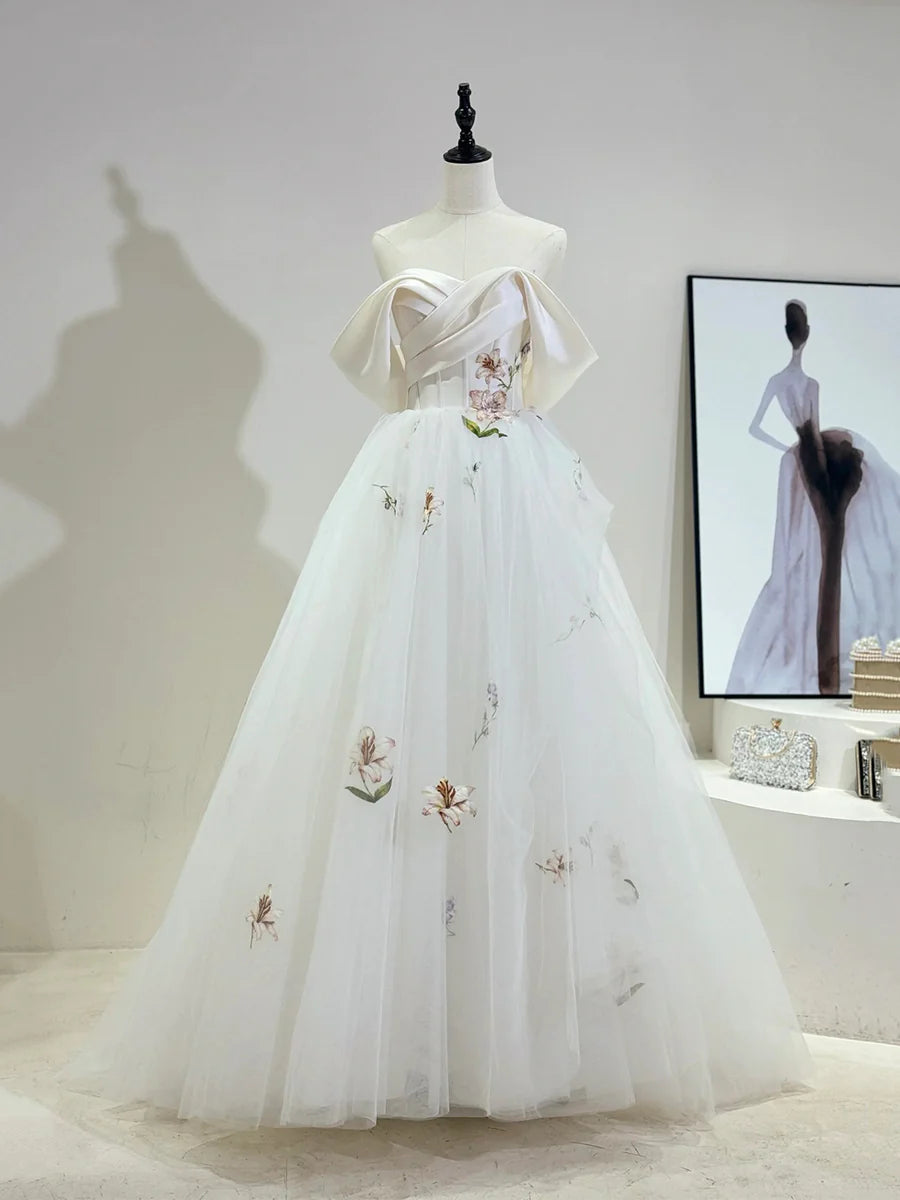 White Tulle Floral Lace Off the Shoulder Long Prom Dress Wedding Dress