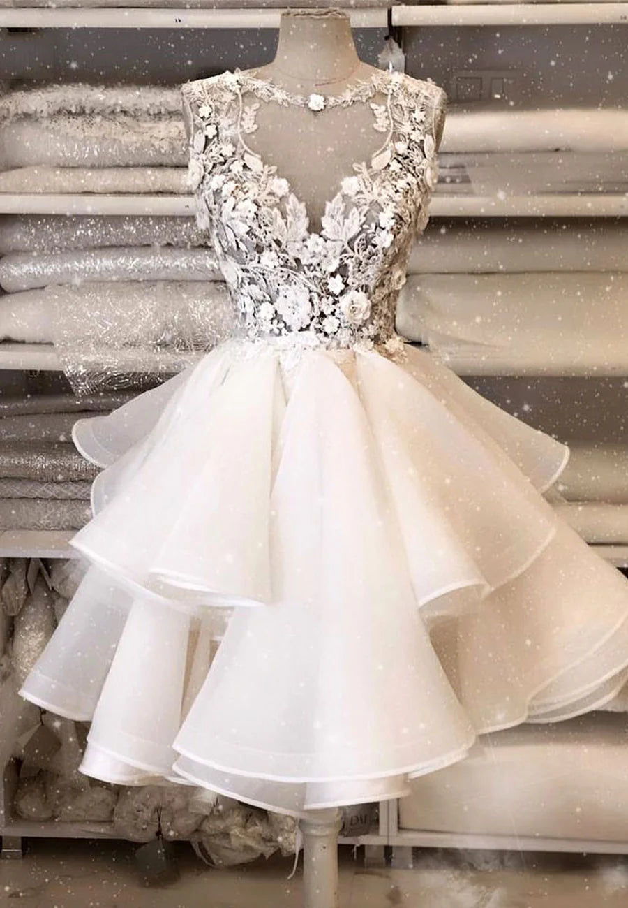 White Tulle Lace Hollow A-Line Knee length Homecoming Dress Party Dress