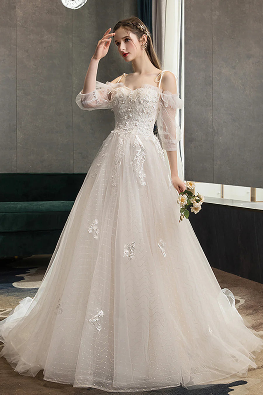White Tulle Lace With Applique Spaghetti Straps A-Line Long Prom Dress Wedding Dress