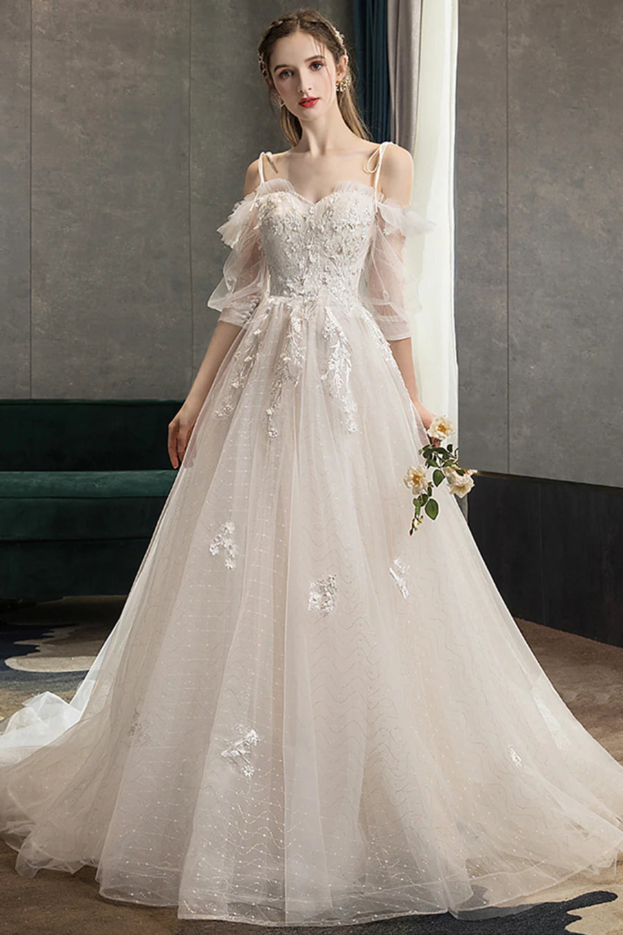 White Tulle Lace With Applique Spaghetti Straps A-Line Long Prom Dress Wedding Dress