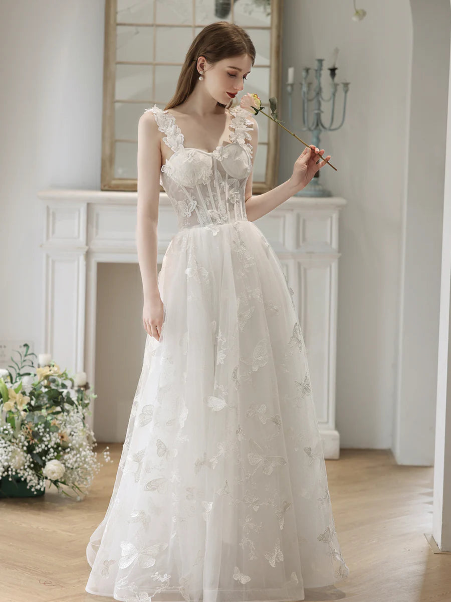 White Tulle Lace With Butterfly Applique Long Formal Dress Wedding Dress