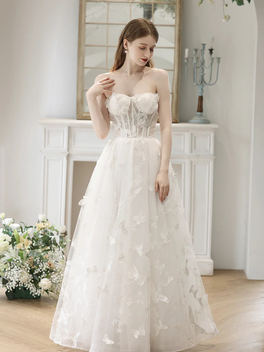 White Tulle Lace With Butterfly Applique Long Formal Dress Wedding Dress