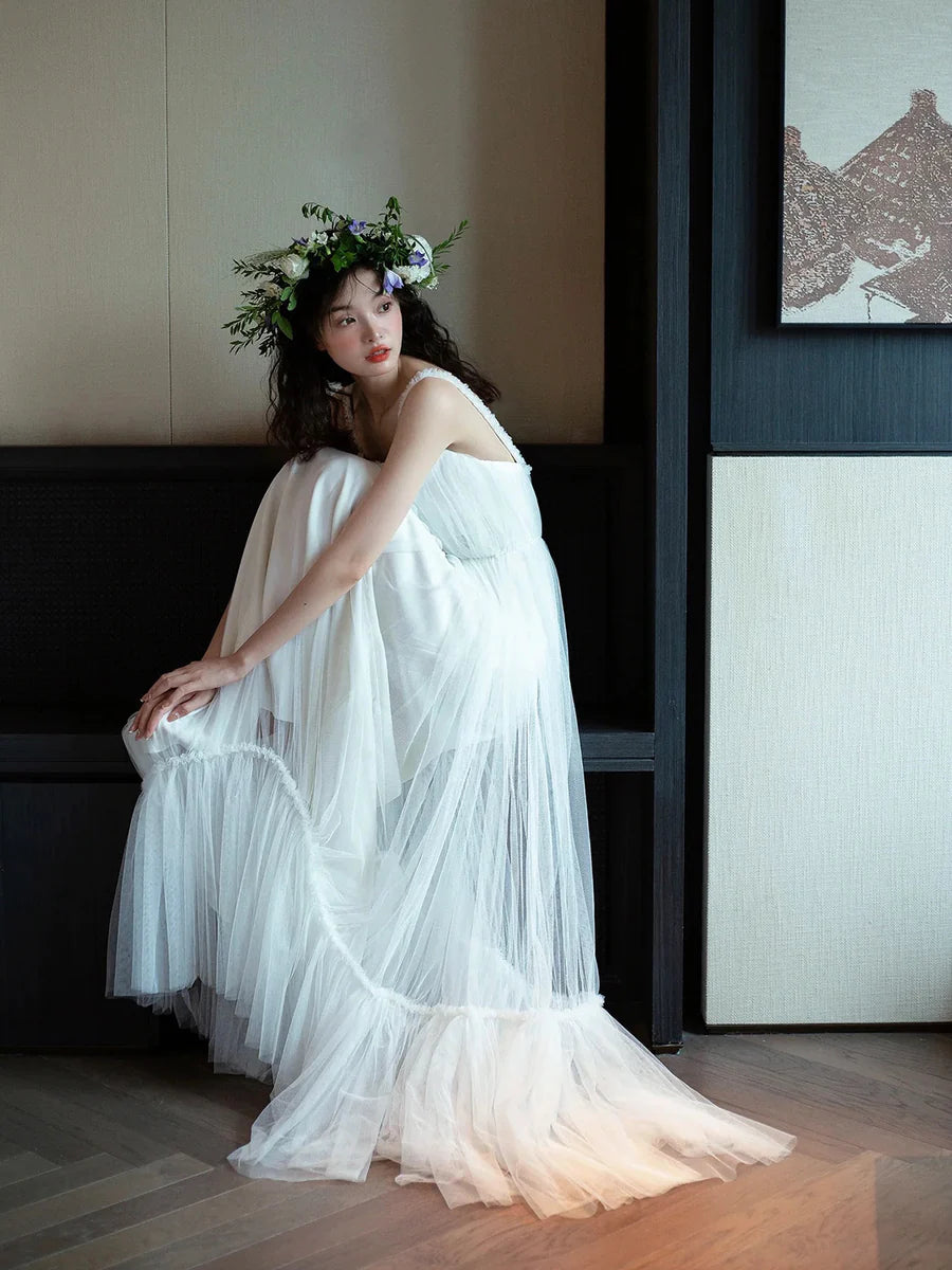 White Tulle Long A-Line Prom Dress Floor Length Evening Formal Dress Discount Long Party Dress