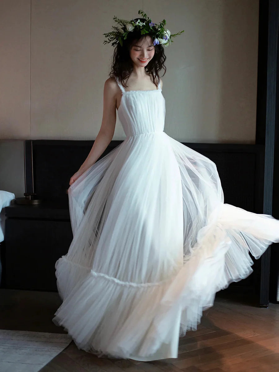 White Tulle Long A-Line Prom Dress Floor Length Evening Formal Dress Discount Long Party Dress