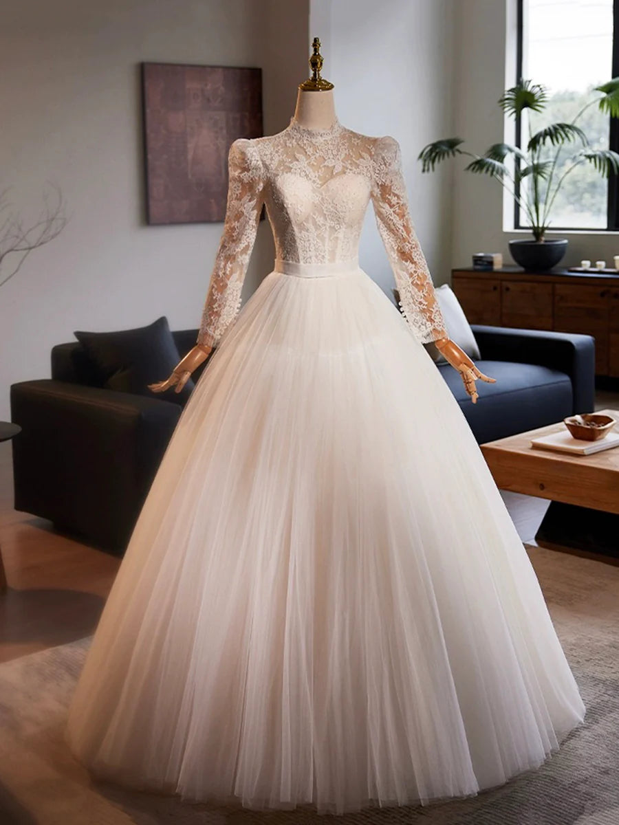 White Tulle Long Sleeve Lace Floor Length A-Line Formal Dress Wedding Dress