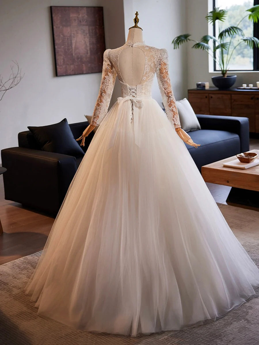 White Tulle Long Sleeve Lace Floor Length A-Line Formal Dress Wedding Dress