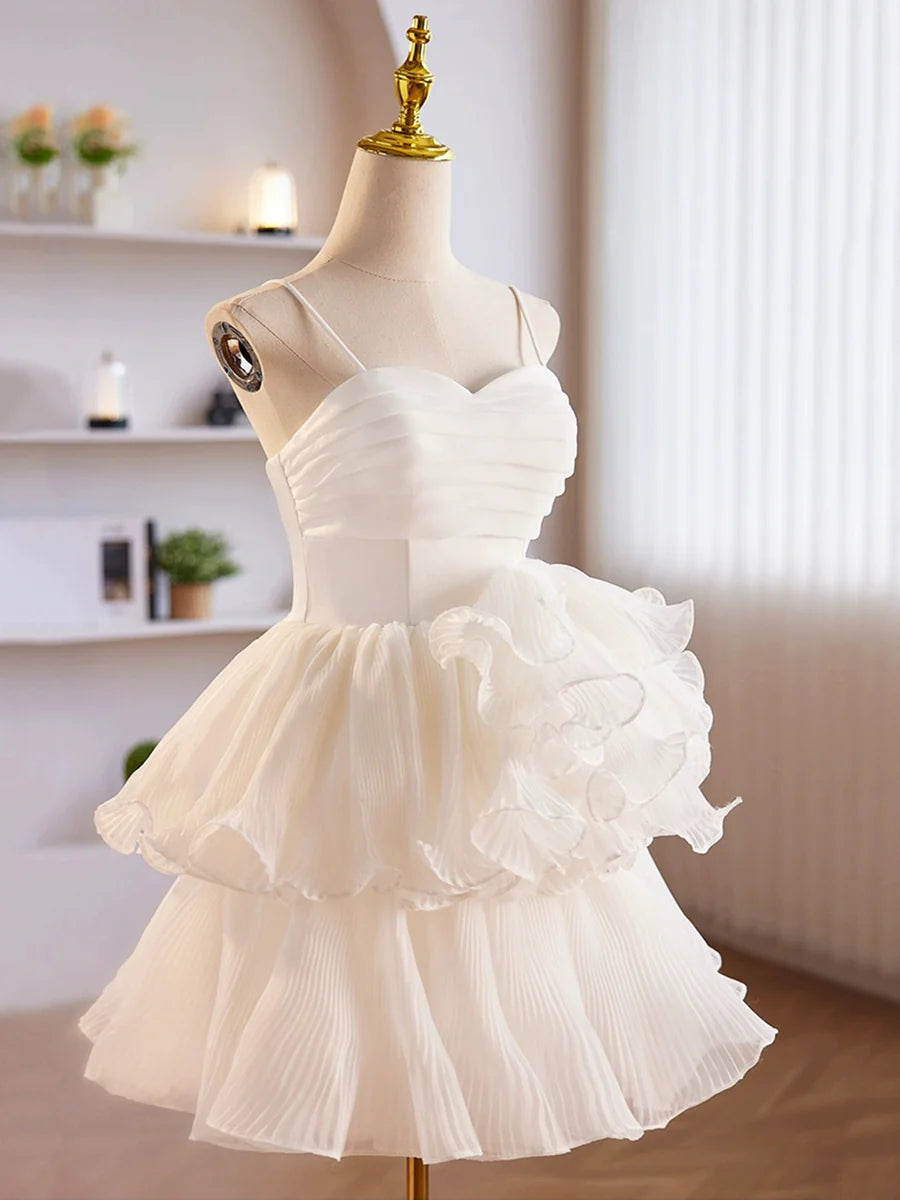 White Tulle Spaghetti Straps Sweetheart Neck Ruffle Layering Short Prom Dress Straps Party Dress