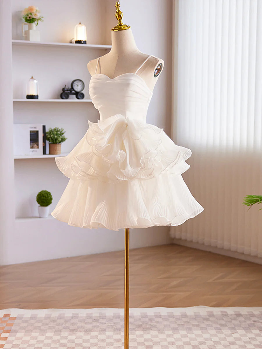 White Tulle Spaghetti Straps Sweetheart Neck Ruffle Layering Short Prom Dress Straps Party Dress