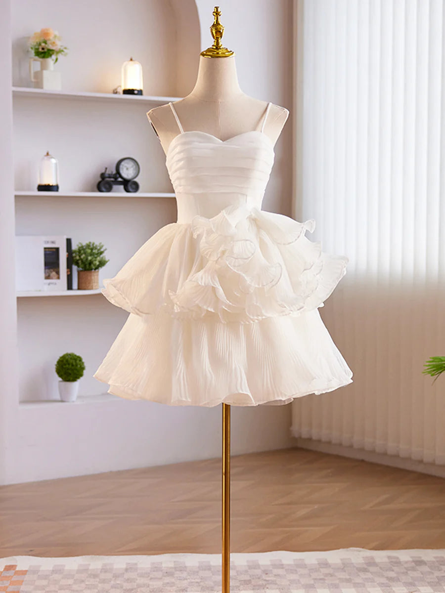 White Tulle Spaghetti Straps Sweetheart Neck Ruffle Layering Short Prom Dress Straps Party Dress
