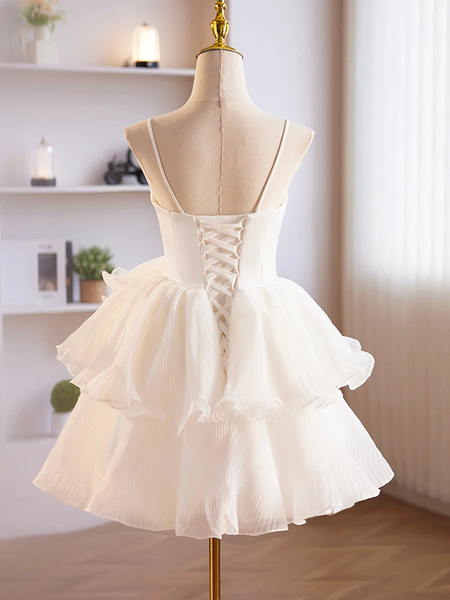 White Tulle Spaghetti Straps Sweetheart Neck Ruffle Layering Short Prom Dress Straps Party Dress