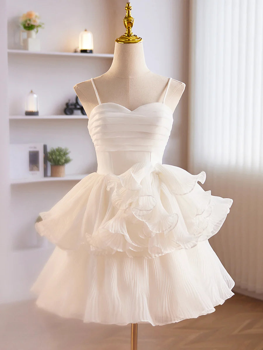 White Tulle Spaghetti Straps Sweetheart Neck Ruffle Layering Short Prom Dress Straps Party Dress