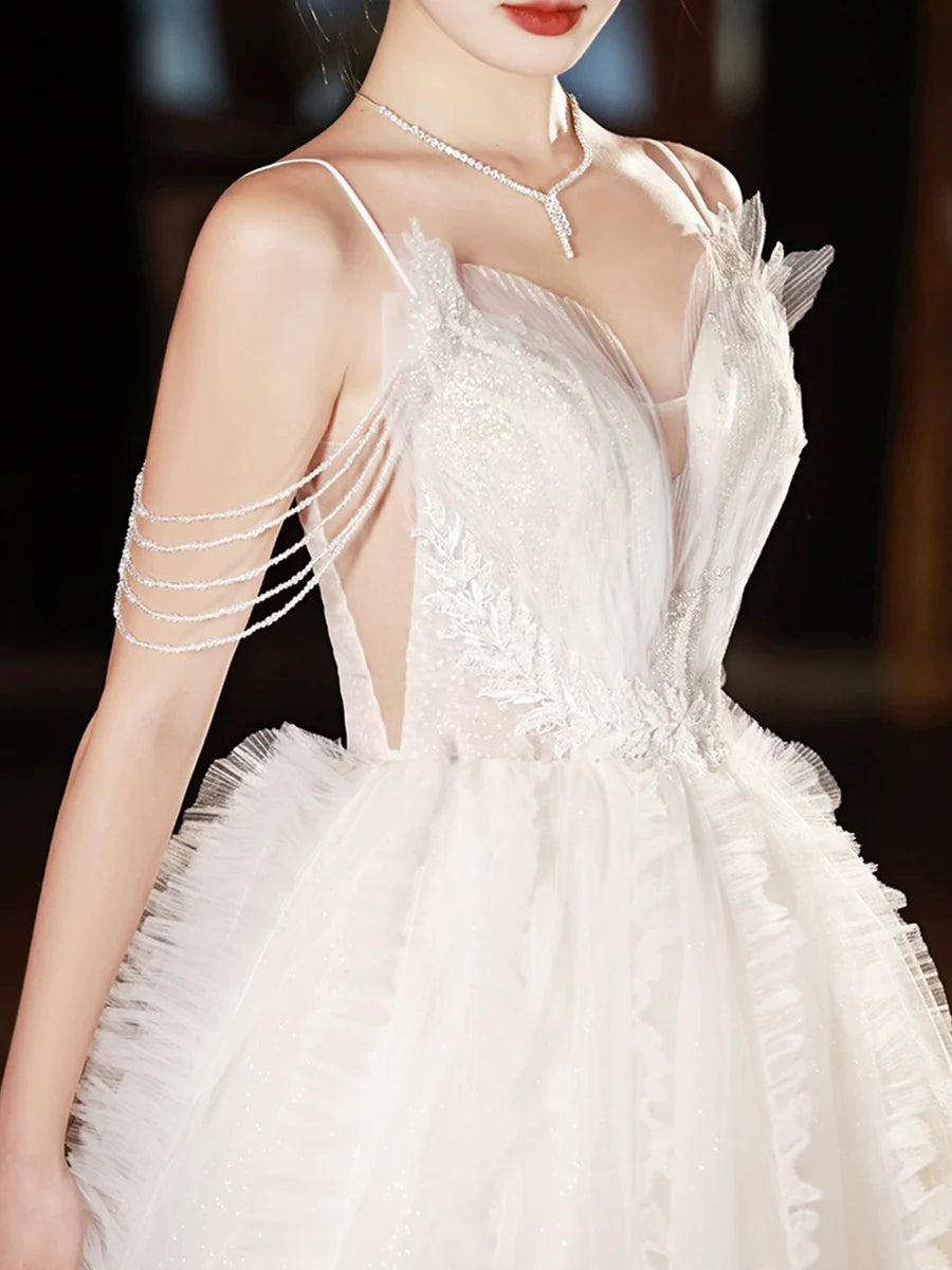 White Tulle Spaghetti Straps V-Neck Beaded A-Line Long  Formal Dress Wedding Dress
