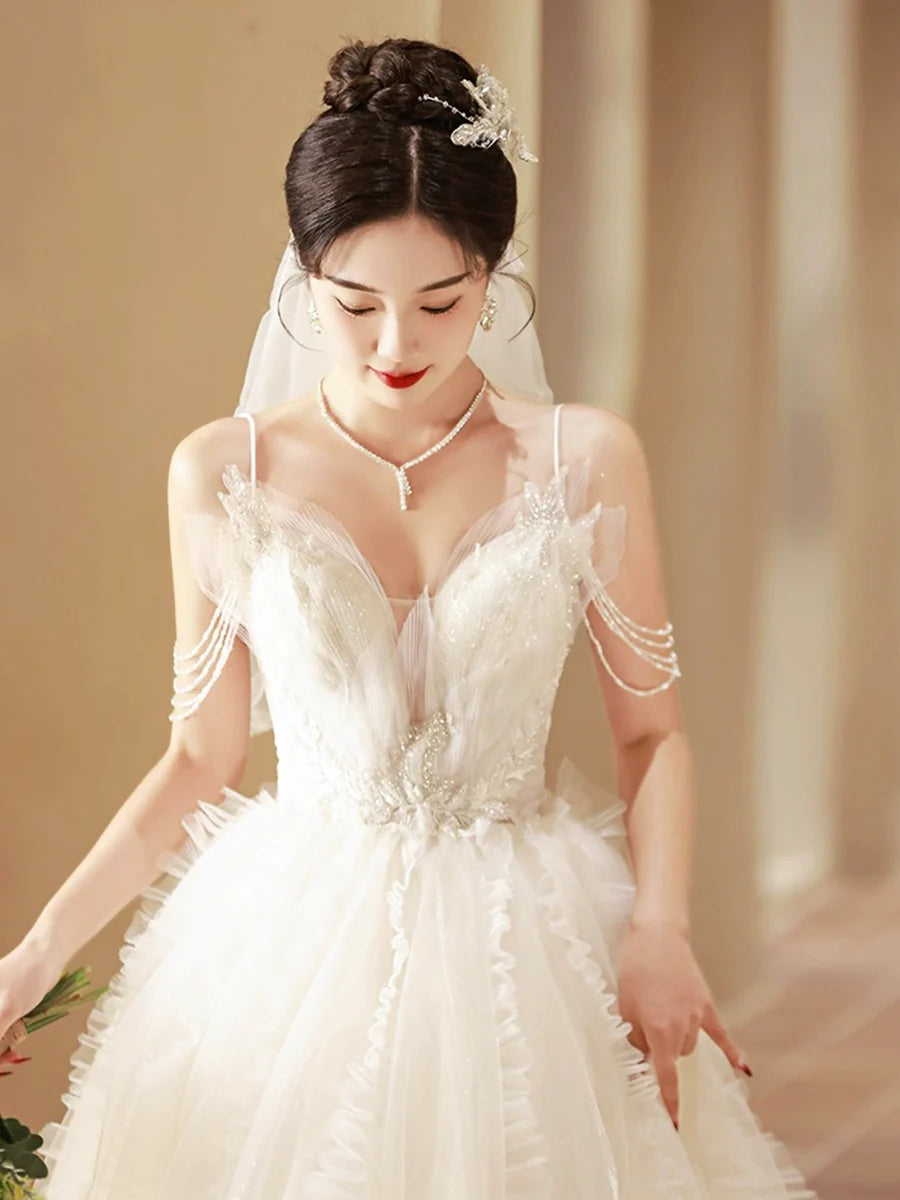 White Tulle Spaghetti Straps V-Neck Beaded A-Line Long  Formal Dress Wedding Dress