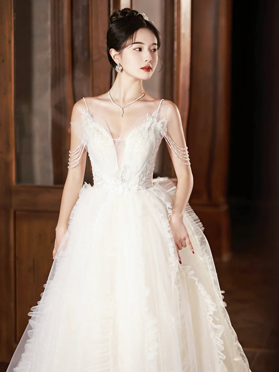 White Tulle Spaghetti Straps V-Neck Beaded A-Line Long  Formal Dress Wedding Dress