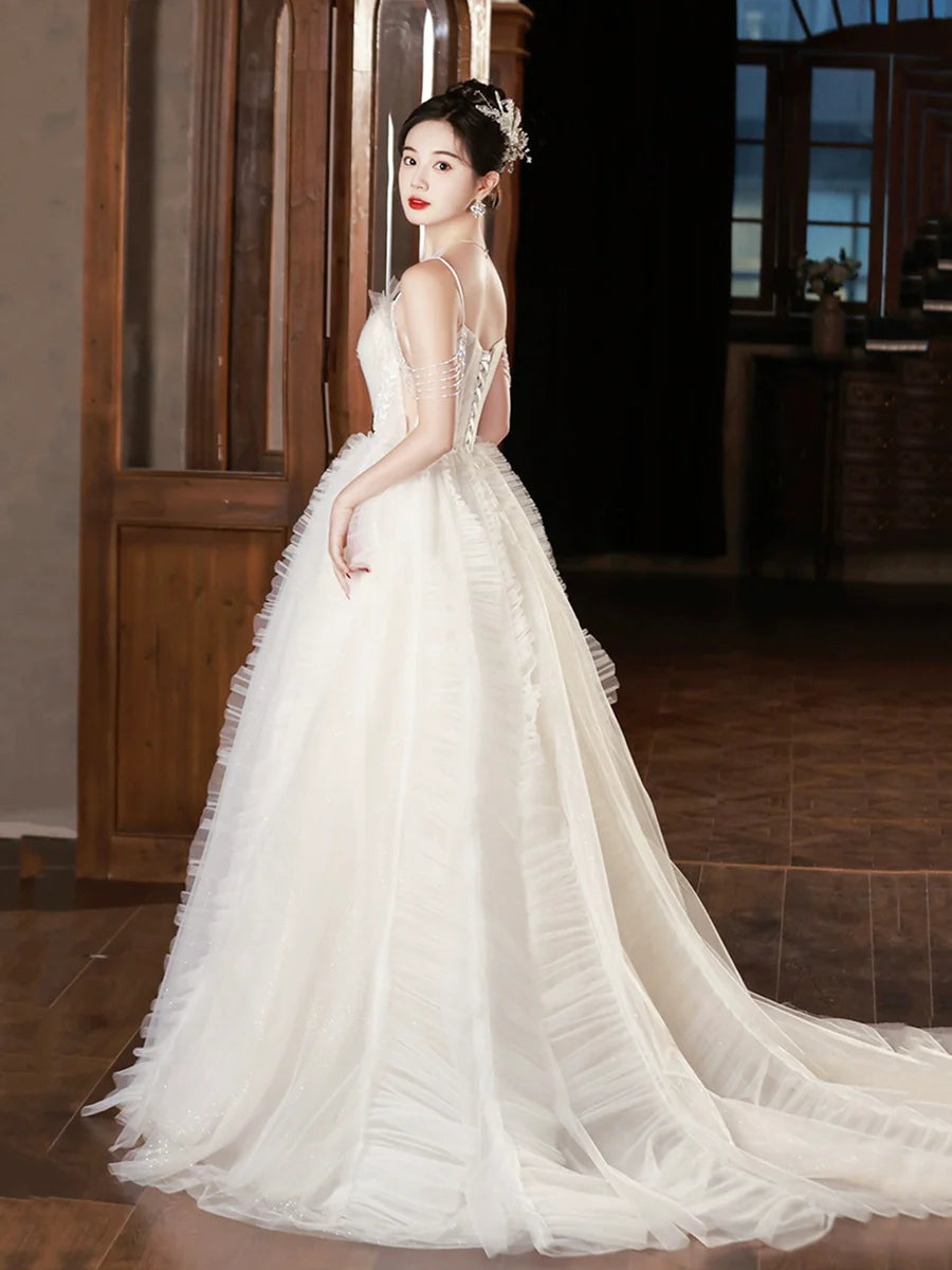 White Tulle Spaghetti Straps V-Neck Beaded A-Line Long  Formal Dress Wedding Dress
