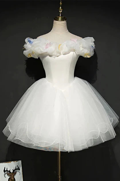 White Tulle With Applique Short Off Shoulder A-line Homecoming Dress Graduation Dress