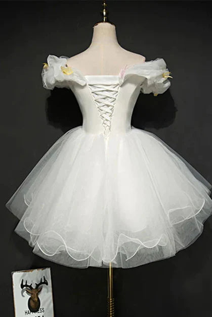 White Tulle With Applique Short Off Shoulder A-line Homecoming Dress Graduation Dress