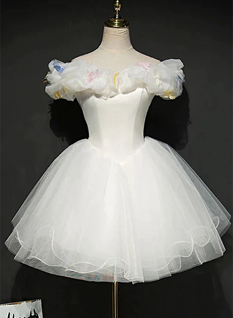 White Tulle With Applique Short Off Shoulder A-line Homecoming Dress Graduation Dress
