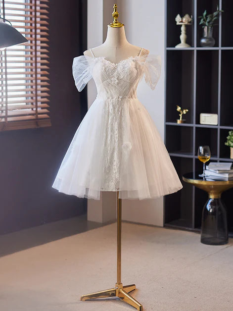 White Tulle spaghetti strap Lace Short Party Dress Prom Dress Homecoming Dresses