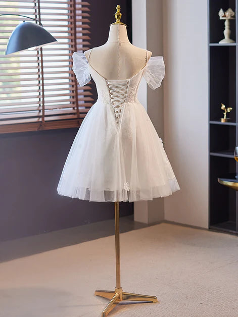 White Tulle spaghetti strap Lace Short Party Dress Prom Dress Homecoming Dresses